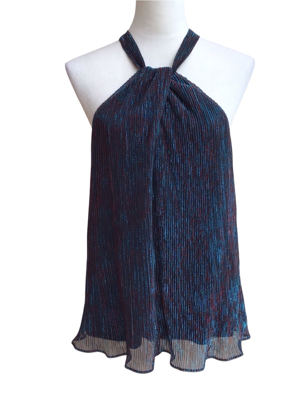 Skies Are Blue Metallic Pleated Twisted Neck Top NEW